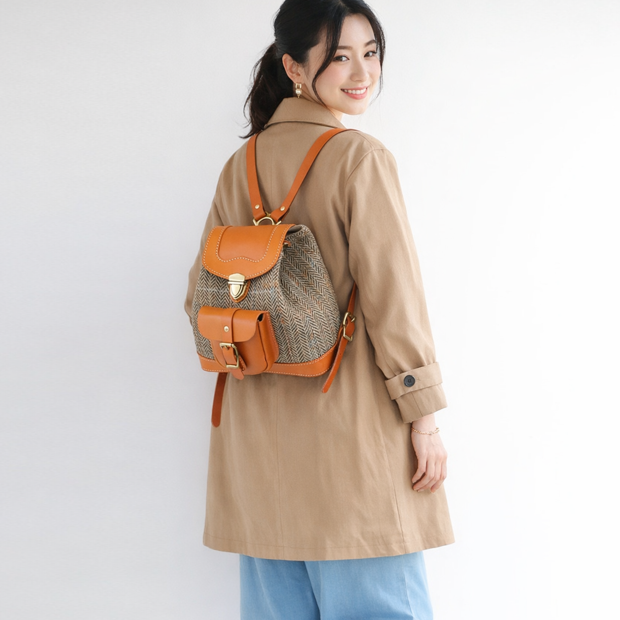 「ウール×革の組み合わせ」ミニリュックレトロで上品なバケットバックパック