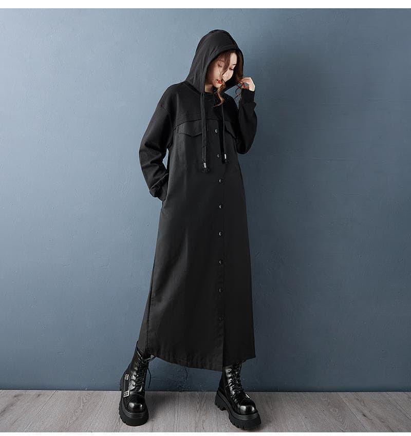 大きいサイズ 新品 秋冬フード付 ロング パーカー ワンピース 黒 ストレートe