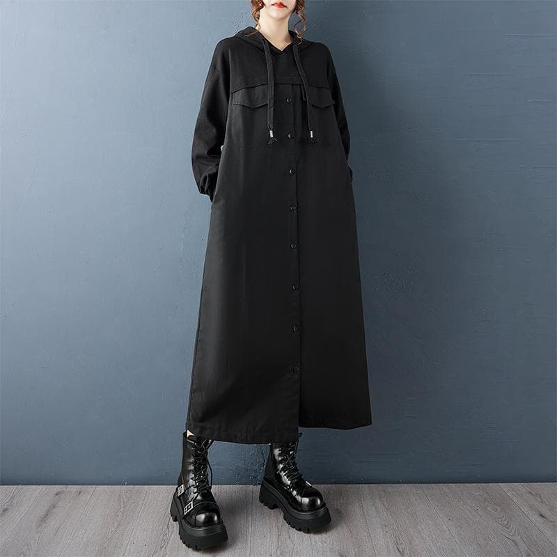 大きいサイズ 新品 秋冬フード付 ロング パーカー ワンピース 黒 ストレートe