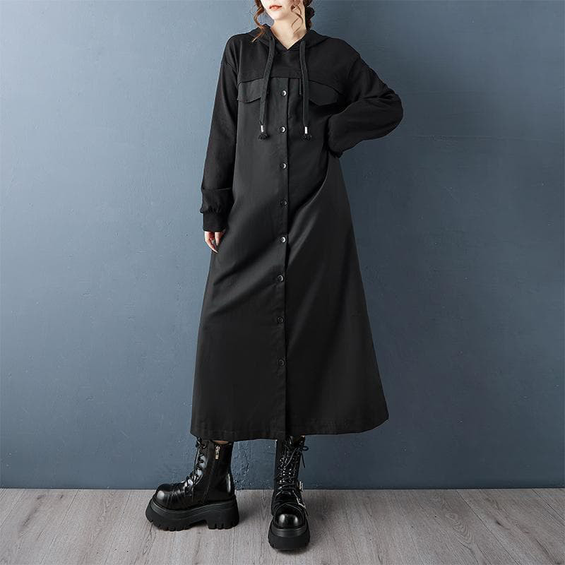 大きいサイズ 新品 秋冬フード付 ロング パーカー ワンピース 黒 ストレートe