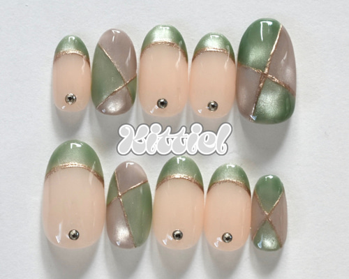 つぅ グリーンマグネットリボンネイルチップ ネイルチップ グリーンマグネット×グレーマグネット ネイルチップ