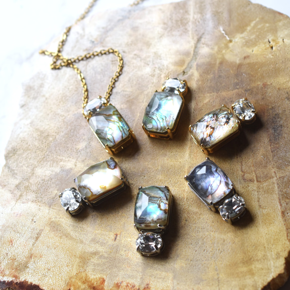 特別価格【残り①②・1点もの】香水　フレーム　アバロンシェル　×　クリスタルガラス　サージカルステンレスネックレス 1枚目の画像