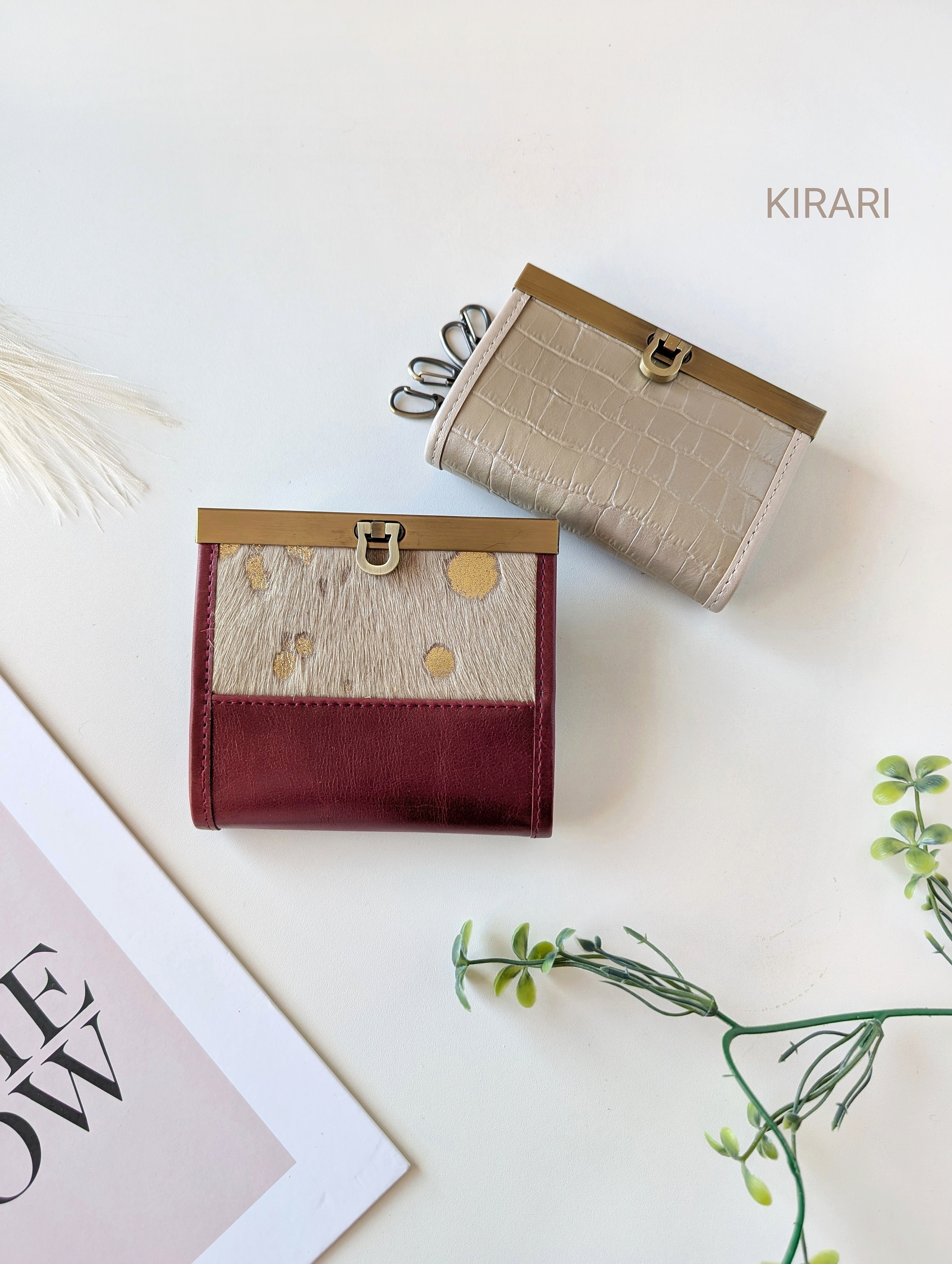 【お得な、お揃いセット】金箔ハラコ×クロコ型押し お札が折らずに入る本革ミニ財布＆キーケース 品のある華やぎをさりげなく