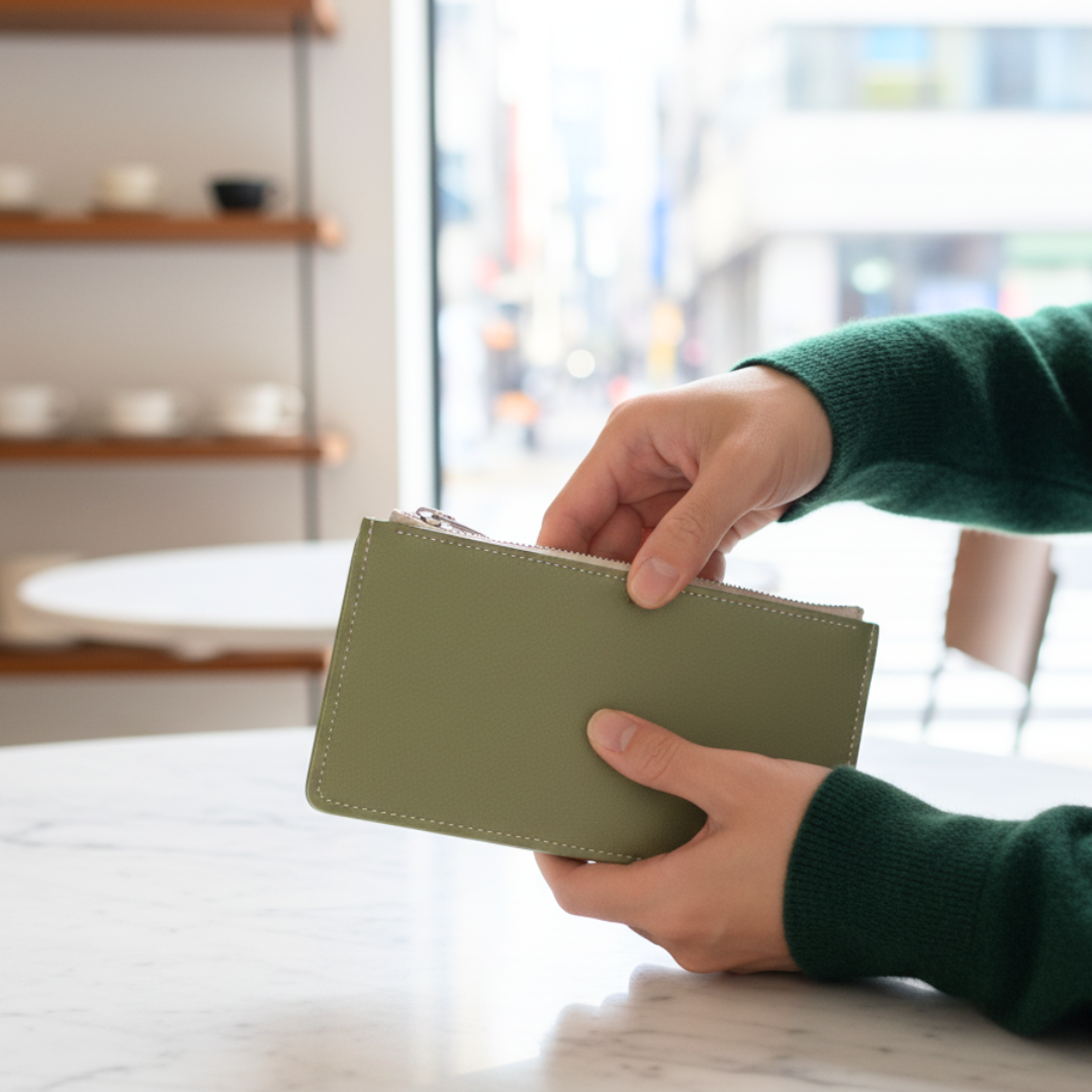 オリーブ　本革 ヌメ革 ミニマムウォレット ファスナー付き イタリアンレザー 薄型 長財布 札入れ シンプル