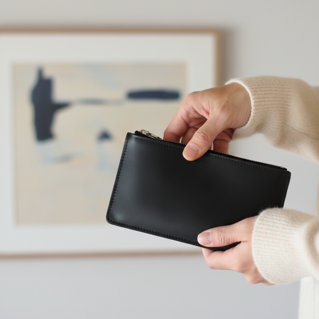 ブラック　本革 ヌメ革 ミニマムウォレット ファスナー付き イタリアンレザー 薄型 長財布 札入れ シンプル