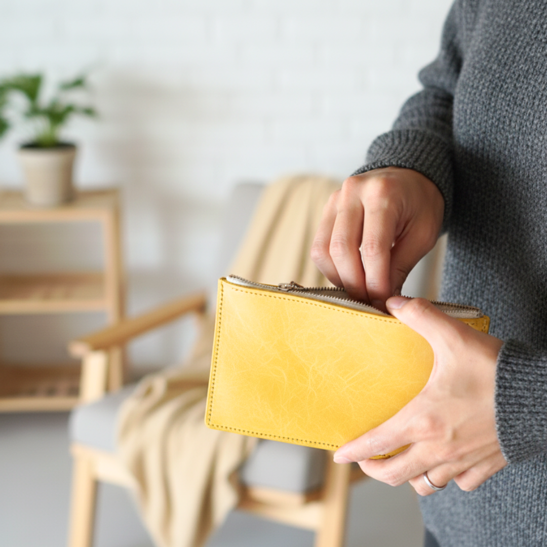 ミモザイエロー　本革 ヌメ革 ミニマムウォレット ファスナー付き イタリアンレザー 薄型 長財布 札入れ シンプル