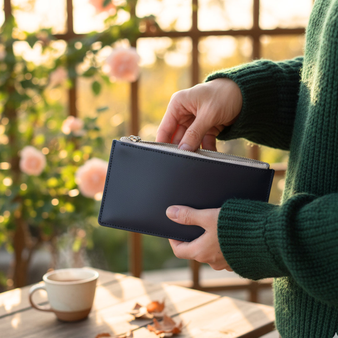 ネイビー　本革 ヌメ革 ミニマムウォレット ファスナー付き イタリアンレザー 薄型 長財布 札入れ シンプル 4,872円