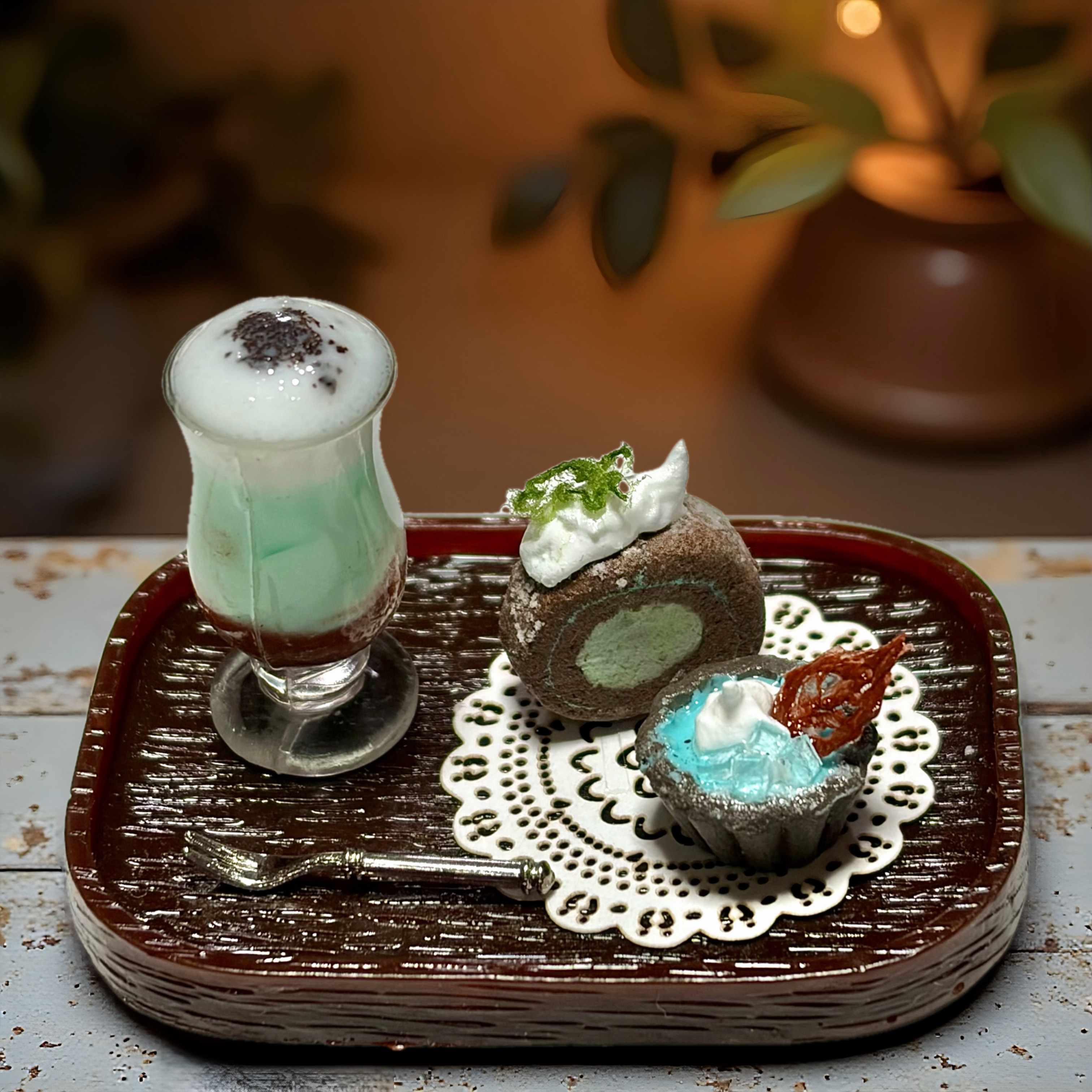 ミニチュアチョコのケーキセット チョコミントスイーツセット ロールケーキ タルト ミニチュアフード