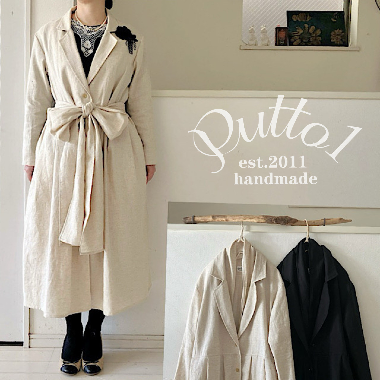 共生地ストール付き【受注生産】綿麻レーヨンヘリンボーンの柔らかバイオ加工・テーラードシャツワンピース