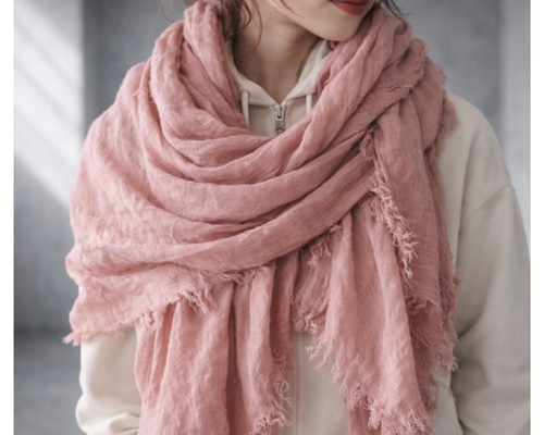 ❁ハンドメイドになります❁ 大判　アップリケベルギーリネンストール 洗い込まれてふっくら柔らかなベルギーリネンストール／四方切りっ