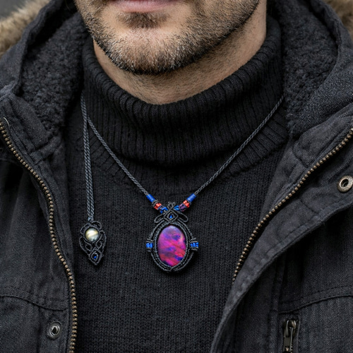 ラブラドライト　ガーネット　マクラメネックレス e3cb1615c2ae2a48a5e65a433bf3a5