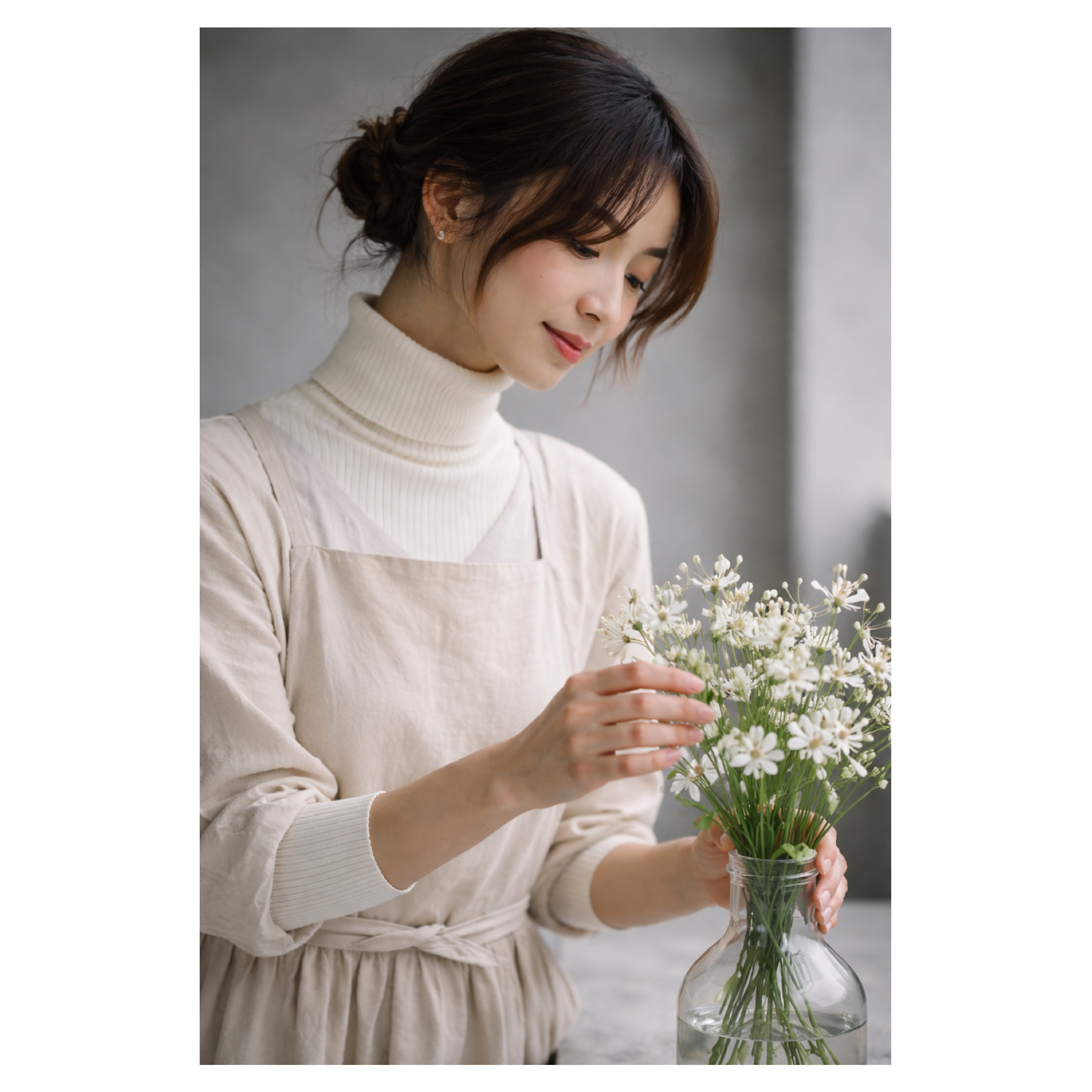 そのままお出かけリネンエプロン／おうち時間もお洒落に過ごす柔らかコットンリネンヴィンテージ加工ギャザーエプロン／生成り