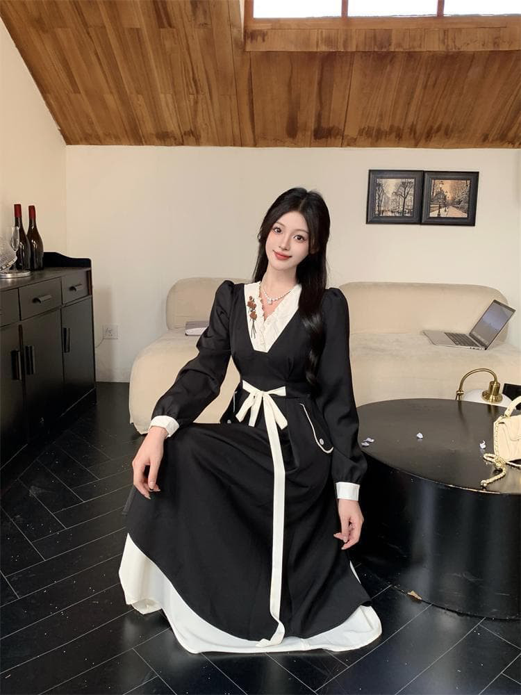 新作 大きいサイズ ヘップバーン風Vネックワンピース 新品秋冬春ロングレディース