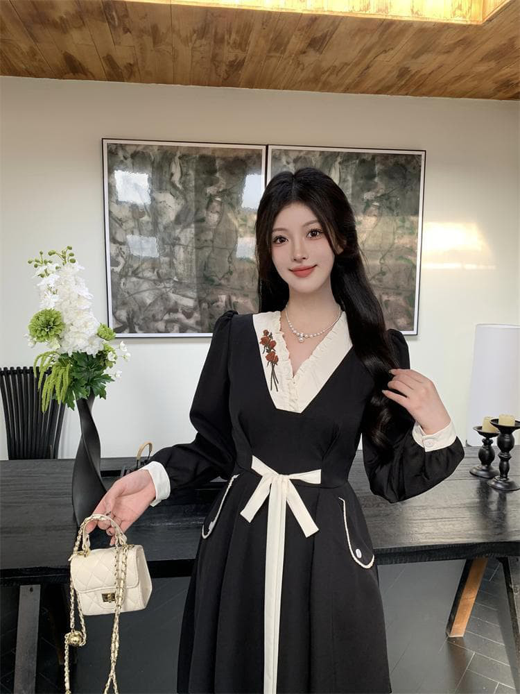 新作 大きいサイズ ヘップバーン風Vネックワンピース 新品秋冬春ロングレディース