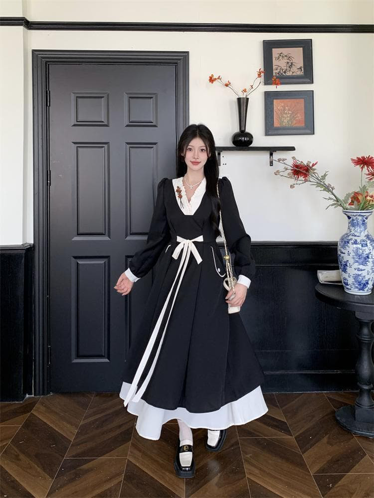 新作 大きいサイズ ヘップバーン風Vネックワンピース 新品秋冬春ロングレディース