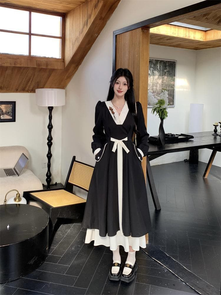 新作 大きいサイズ ヘップバーン風Vネックワンピース 新品秋冬春ロングレディース