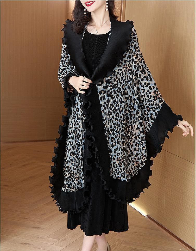 新品大きいサイズ ヒョウ柄 プリーツ ロング丈コート2点セット ショール ドレス