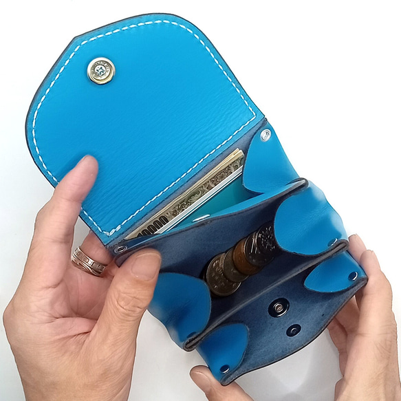 本革レザーミニウォレットミニ財布青色かわいい小さいレディース財布コンパクトハンドメイドレザークラフト 11枚目の画像