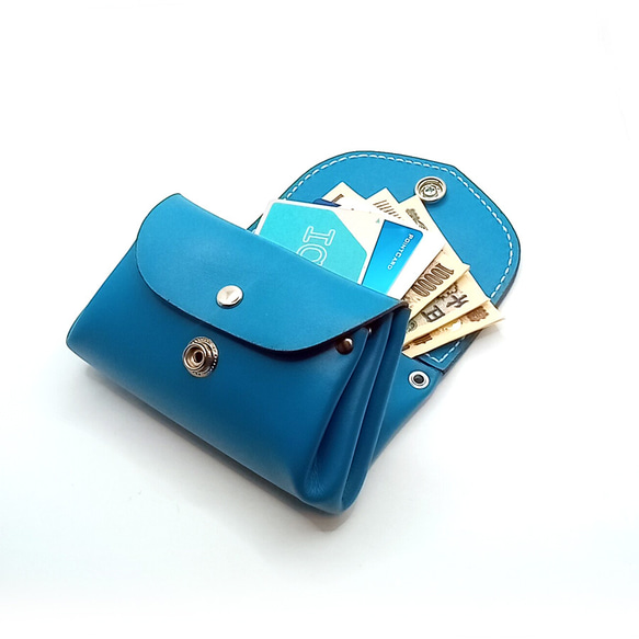 本革レザーミニウォレットミニ財布青色かわいい小さいレディース財布コンパクトハンドメイドレザークラフト 6枚目の画像