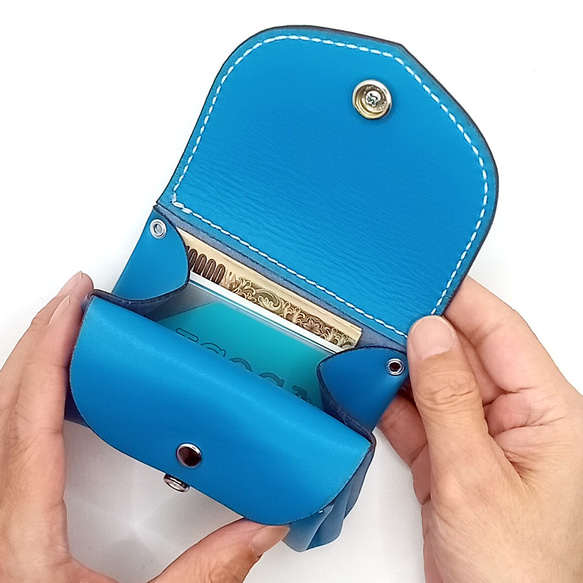 本革レザーミニウォレットミニ財布青色かわいい小さいレディース財布コンパクトハンドメイドレザークラフト 10枚目の画像