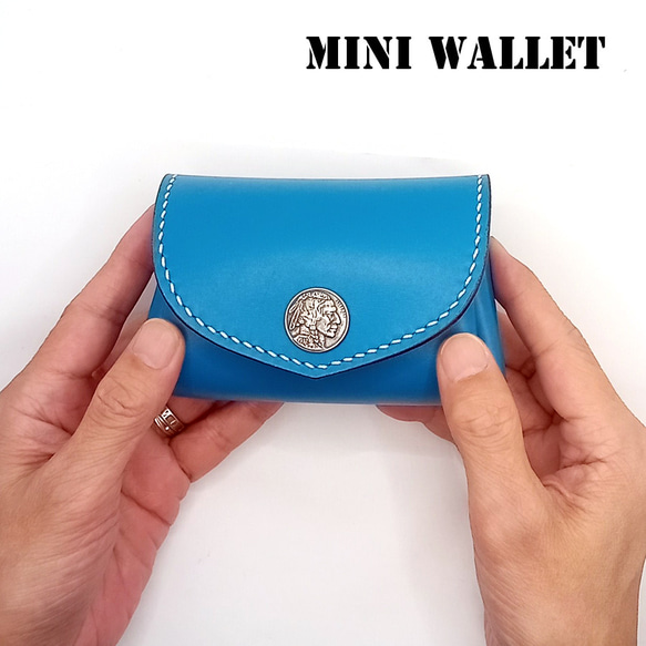 本革レザーミニウォレットミニ財布青色かわいい小さいレディース財布コンパクトハンドメイドレザークラフト 9枚目の画像