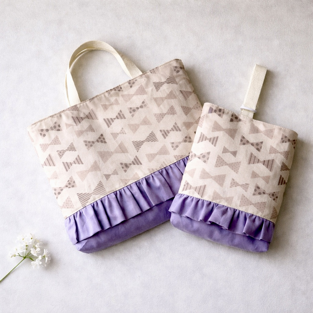 入園入学2点セット！手書き風リボン×甘いフリルのレッスンバッグ＆シューズケース　ライラック　サイズオーダー可