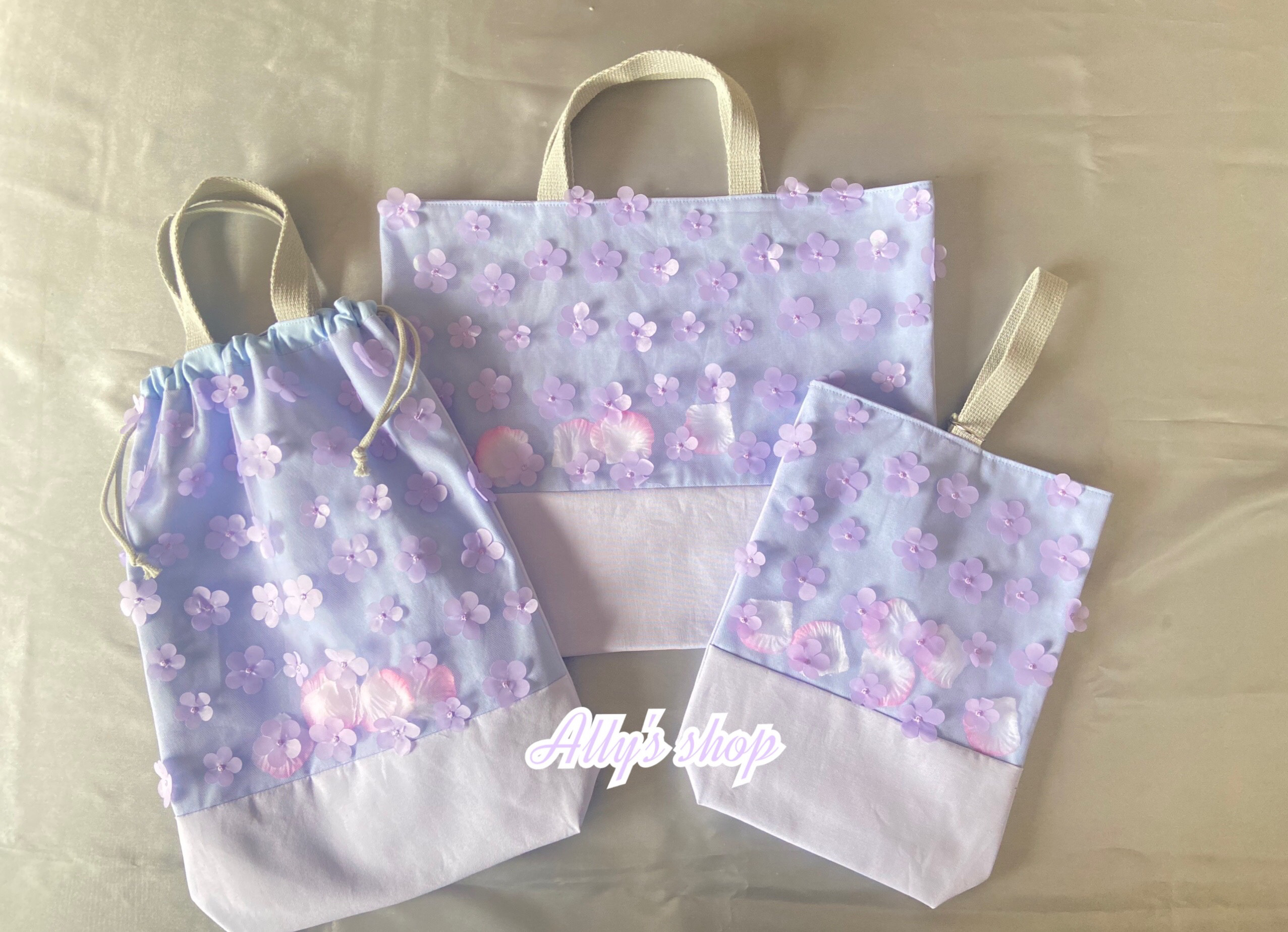 入園入学式セット　入園入学グッズ　お花　プリンセス　3D立体フラワー　レッスンバッグ　お着替え袋　上靴入れ　3点