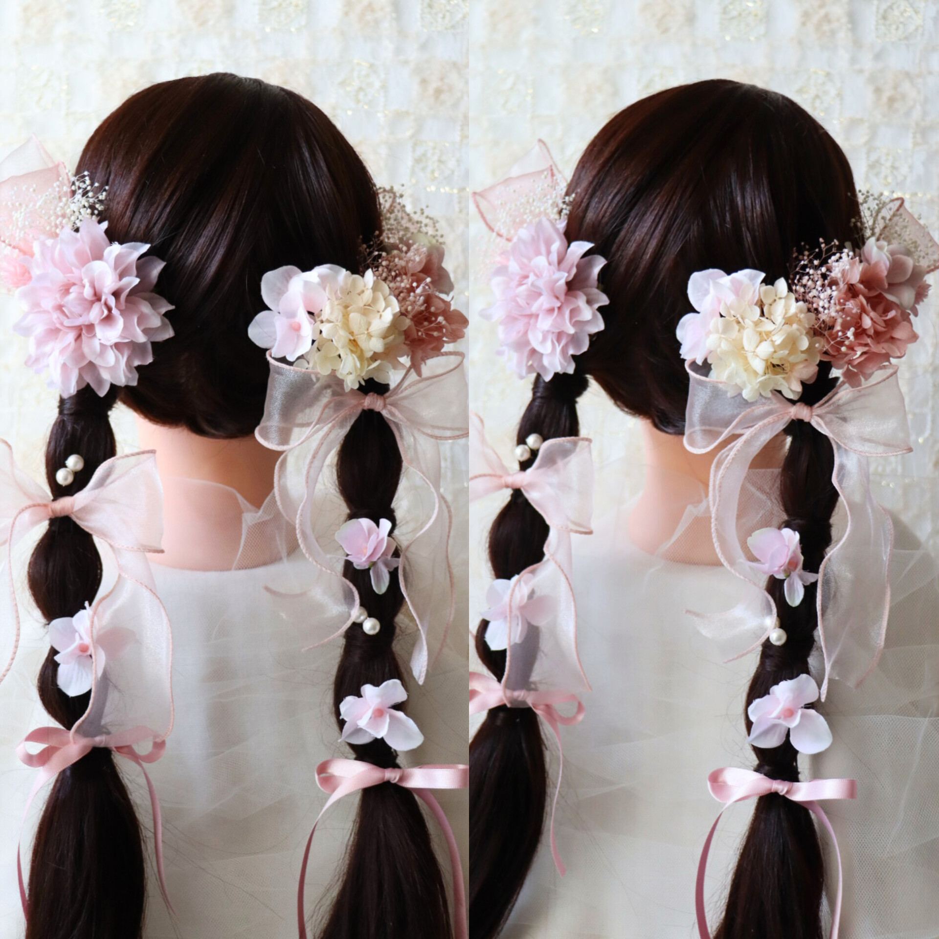淡いピンクのダリアとリボンのかわいい髪飾り　　成人式用髪飾り　卒業式ヘア飾り　ツイン編みおろし　ツインテール