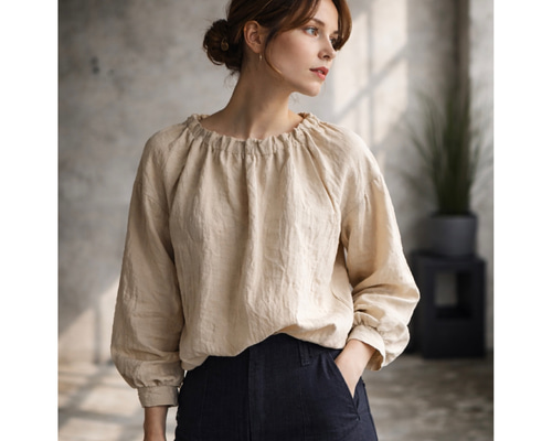 ベルギーリネンブラウス／フリルネック／ベージュ／linum jean