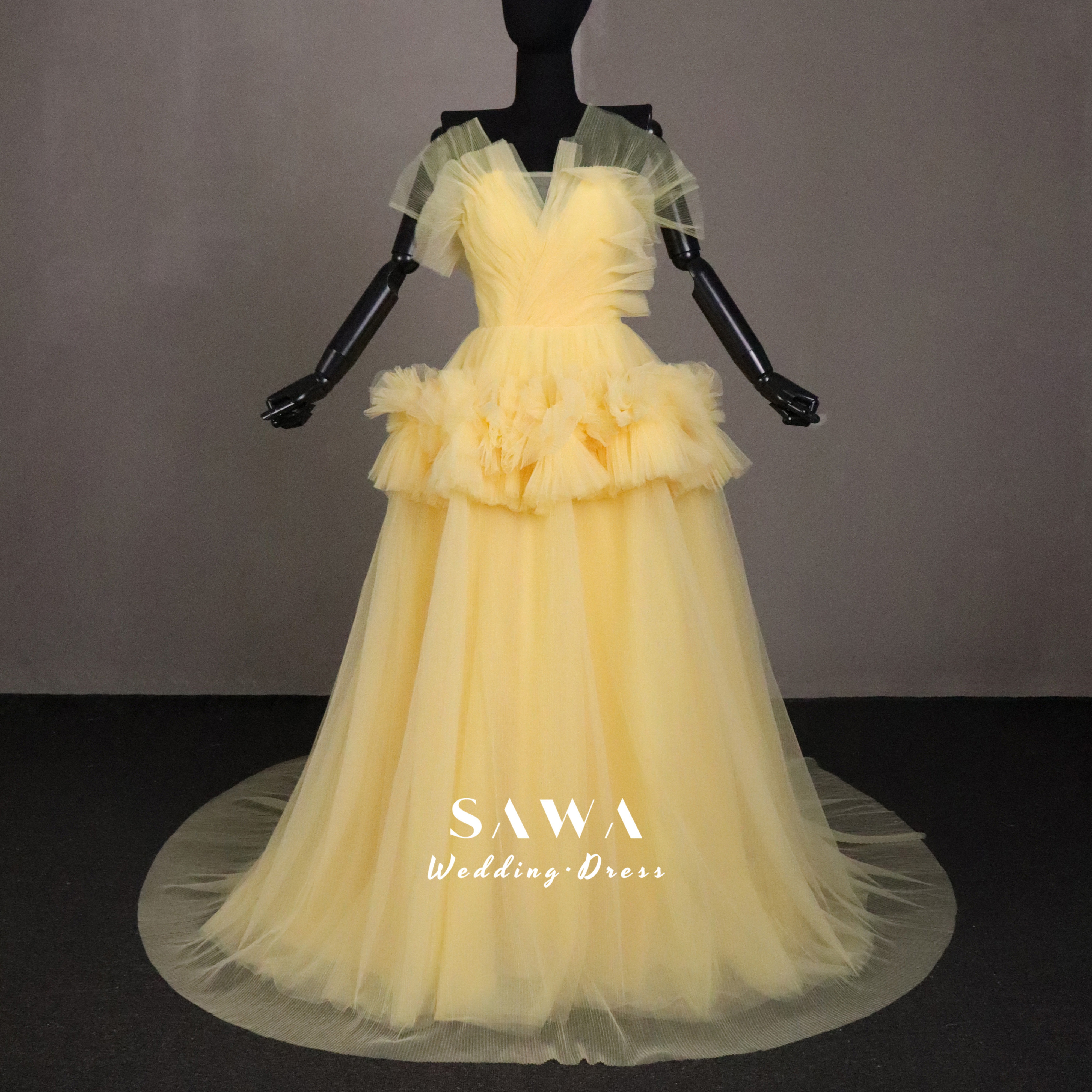 お買い得　胸フリル　ふんわりチュール　カラー変更可能　Aライン　痩せて見える　ギャザー　前撮りお呼ばれ二次会パーティー