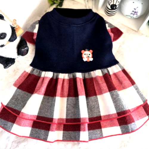 ハンドメイド犬服【 ネイビー チェック柄 ワンピース】ペット服 ペット