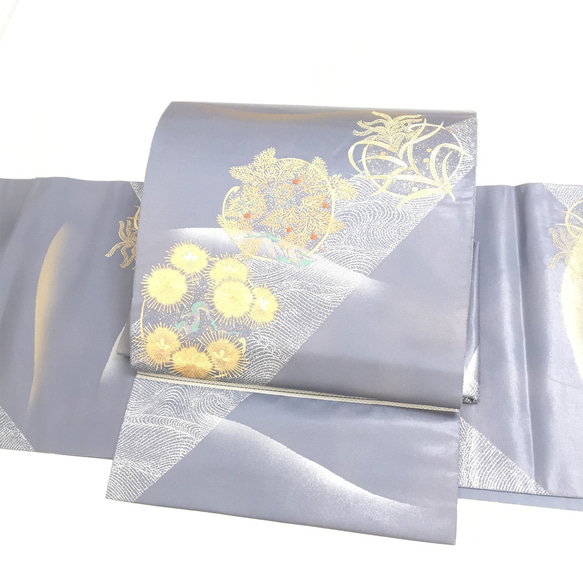 正絹 付け帯 楽帯 ブルーグレー 金彩 松葉 二部式 二重太鼓 作り帯