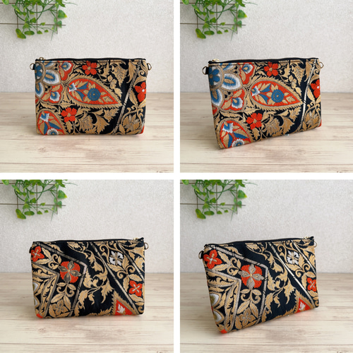絹の帯からサコッシュ／ポーチ 更紗花文柄 帯リメイク427 サコッシュ