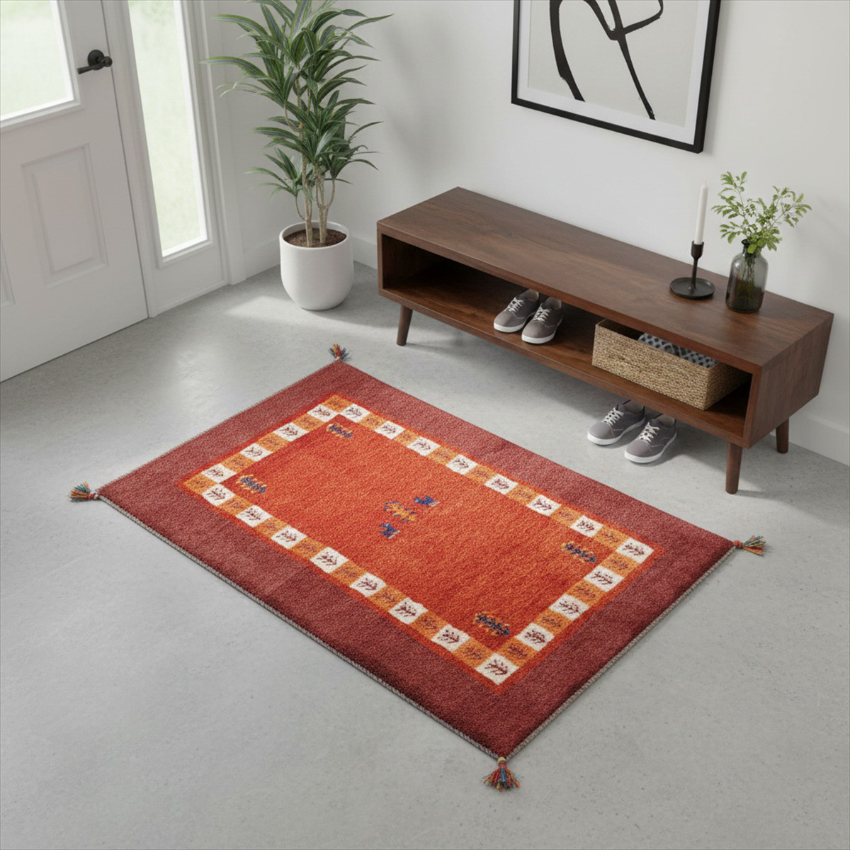 ペルシャ　ギャッベ　マット大　ラグ　122x78cm　茜色　ボルドーカラー　パネル　RJ16162