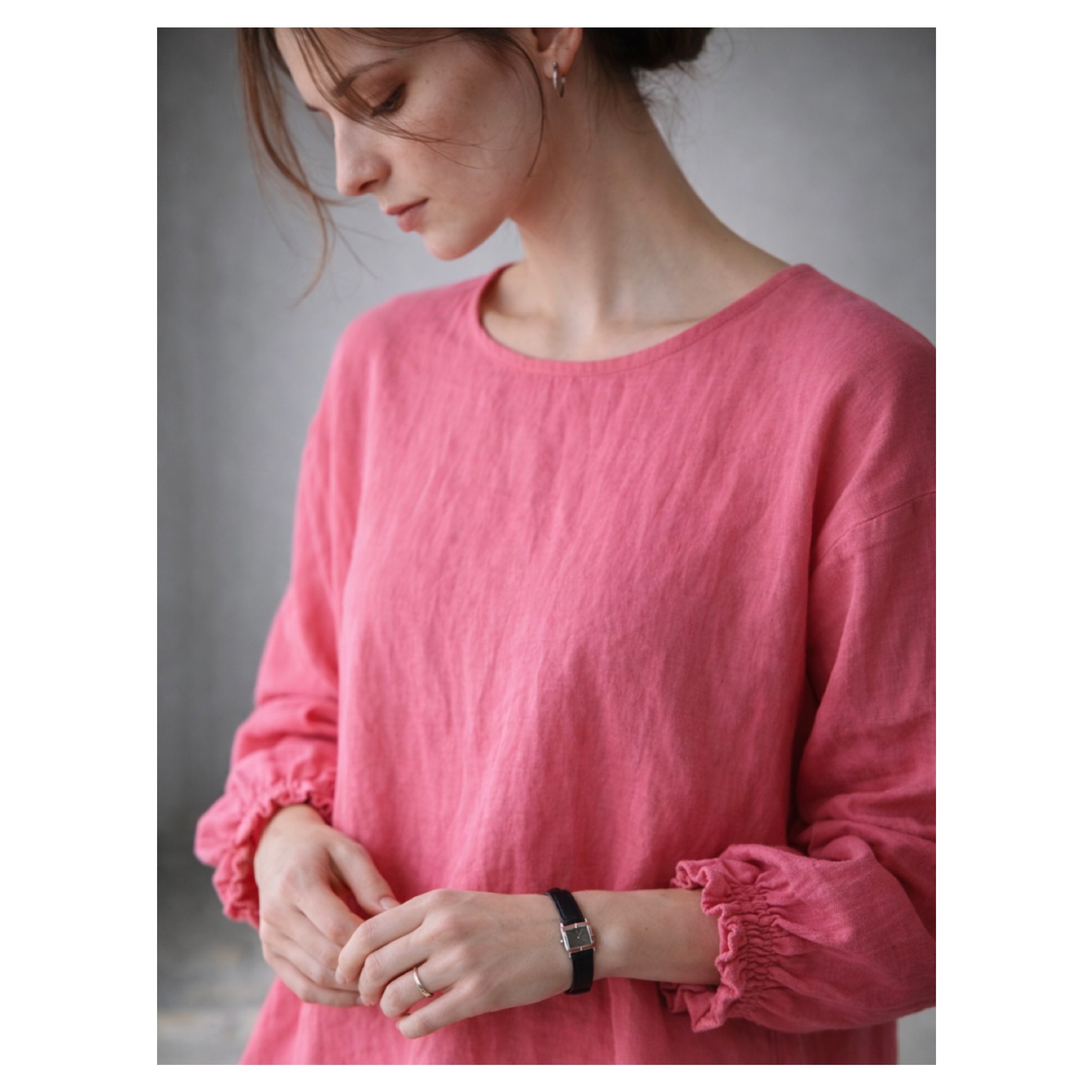 ふわふわ厚みが2倍！厚手ダブルガーゼブラウス／シャーリング袖のシンプルなブラウス／ふっくらダブルガーゼ／チェリーピンク