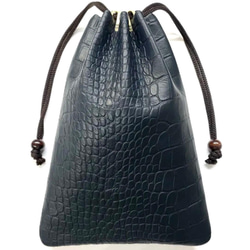 合切袋、巾着袋、信玄袋(マチ無し、大)、クロコダイルの型押し牛革(本