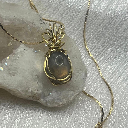 天然石 ラブラドライト ワイヤーラッピング ペンダントネックレス