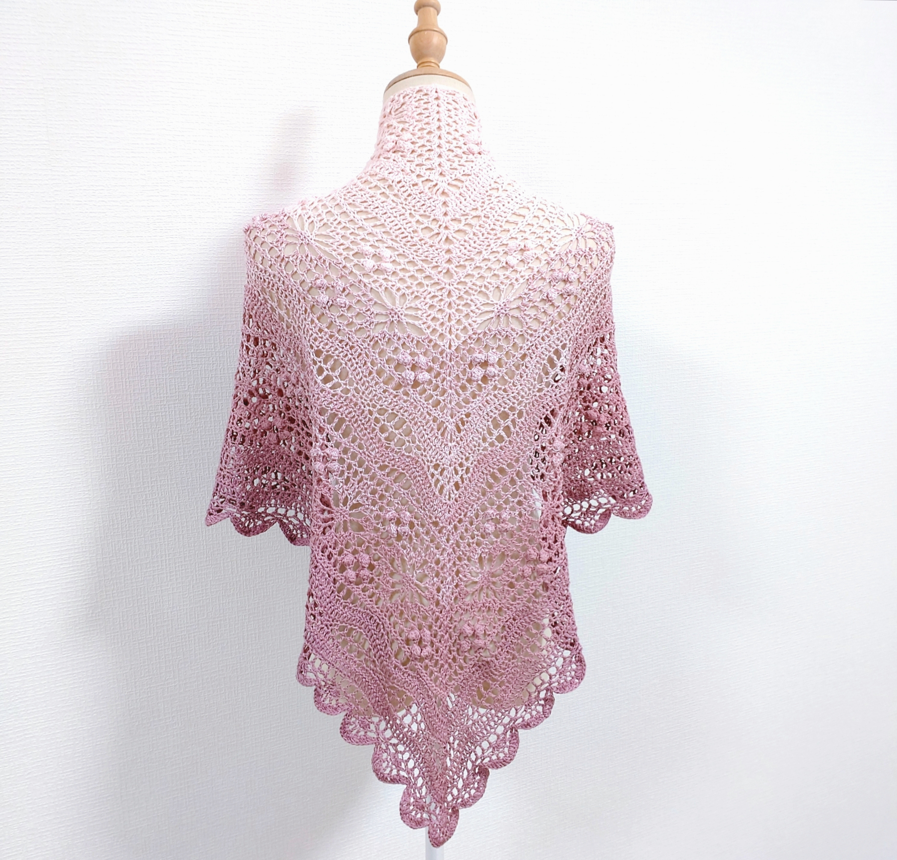 三角ショール　ショール　ストール　バレエショール　オールシーズン　海外輸入糸　コットン100%　大判【メルティピンク】