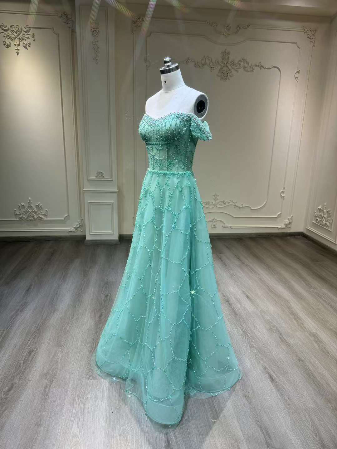 お買い得！翡翠色　Aライン　エレガント　痩せて見える　袖あり　オーダー可能　二の腕を隠せる　音楽会演奏会カラードレス卒業