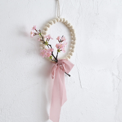 桜とウッドビーズのシンプルリース｜ひな祭り・卒業入学祝い・春