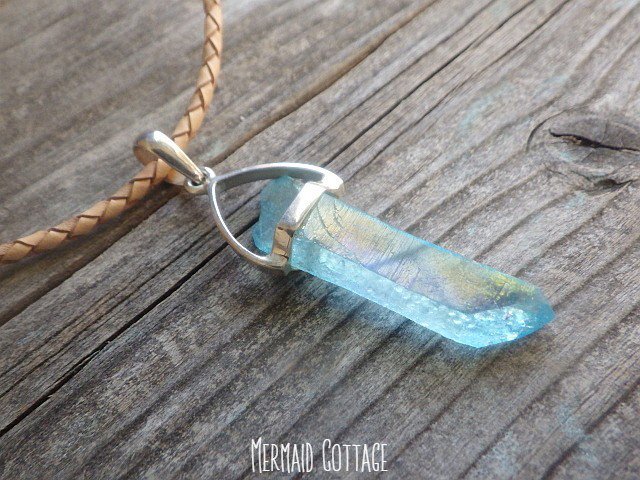 sv925 Aqua aura quartz necklace アクアオーラ原石ポイントの革紐ネックレス