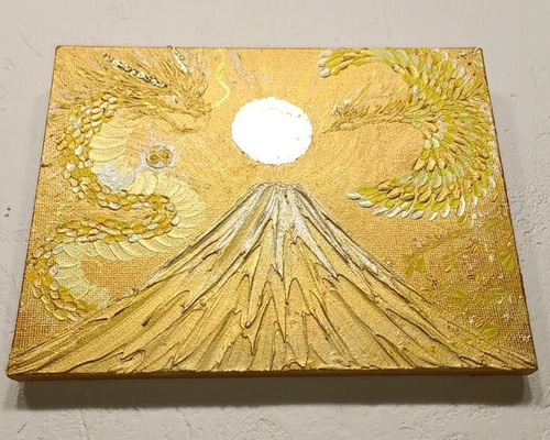 原画一点物◎黄金絵画 金箔の太陽と金富士＊龍と鳳凰が舞うアート ∞印