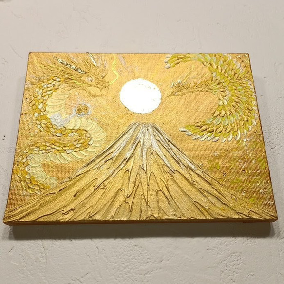 原画一点物◎黄金絵画 金箔の太陽と金富士＊龍と鳳凰が舞うアート ∞印