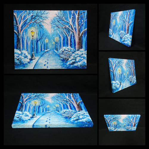 油絵 原画 雪景色 冬景色 幻想的 青 絵画 F3「雪降る幻想」 絵画 HR