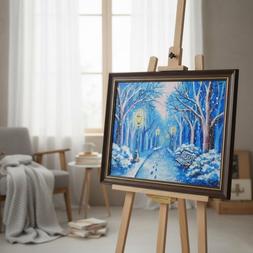 油絵 原画 雪景色 冬景色 幻想的 青 絵画 F3「雪降る幻想」 絵画 HR