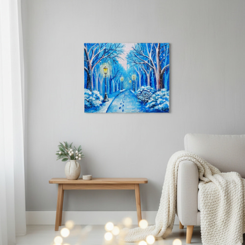 油絵 原画 雪景色 冬景色 幻想的 青 絵画 F3「雪降る幻想」 絵画 HR