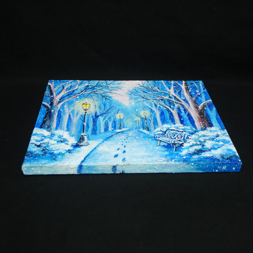 油絵 原画 雪景色 冬景色 幻想的 青 絵画 F3「雪降る幻想」 絵画 HR