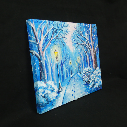 油絵 原画 雪景色 冬景色 幻想的 青 絵画 F3「雪降る幻想」 絵画 HR