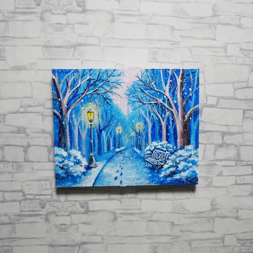 油絵 原画 雪景色 冬景色 幻想的 青 絵画 F3「雪降る幻想」 絵画 HR