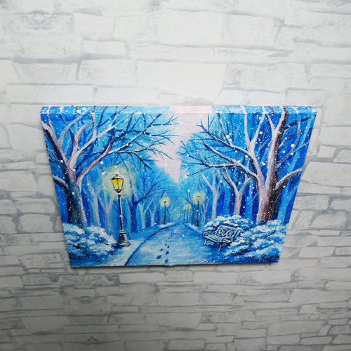 油絵 原画 雪景色 冬景色 幻想的 青 絵画 F3「雪降る幻想」 絵画 HR